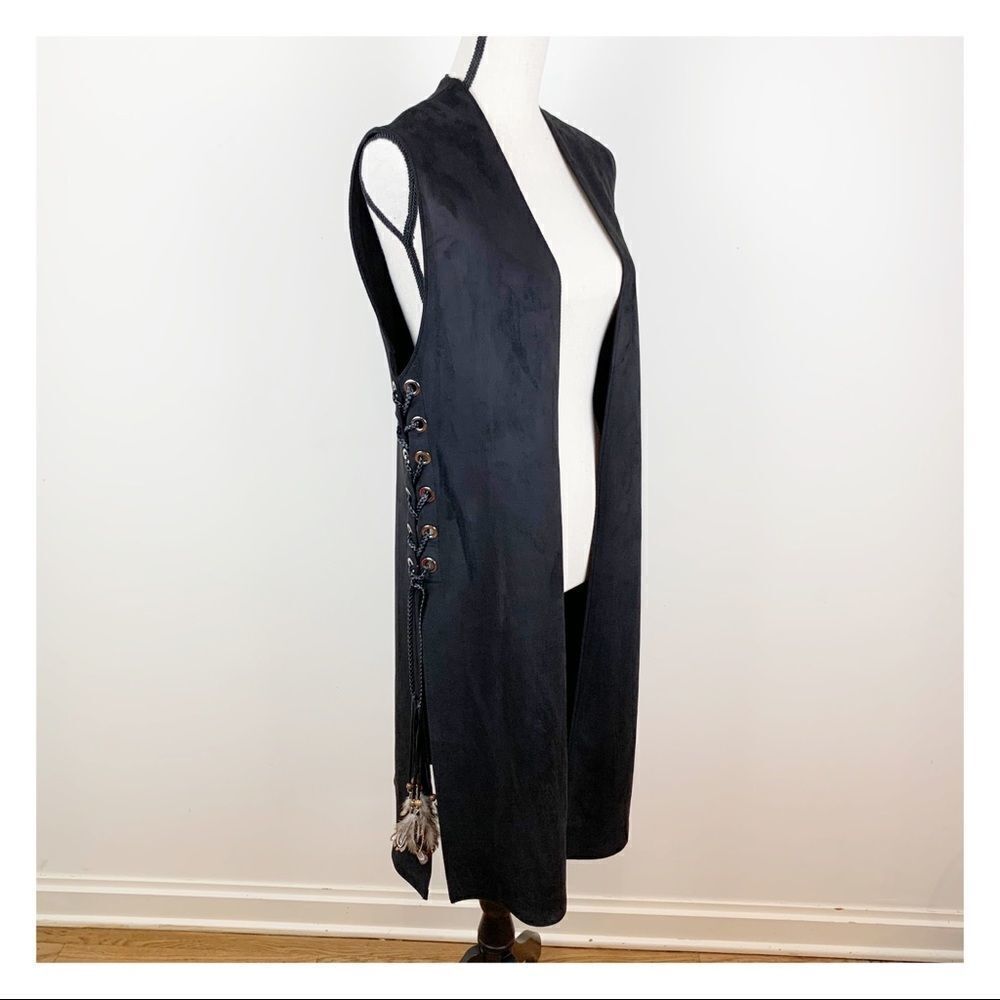 Zara Basic Black Faux Suede Long Vest‎ Side Lacing